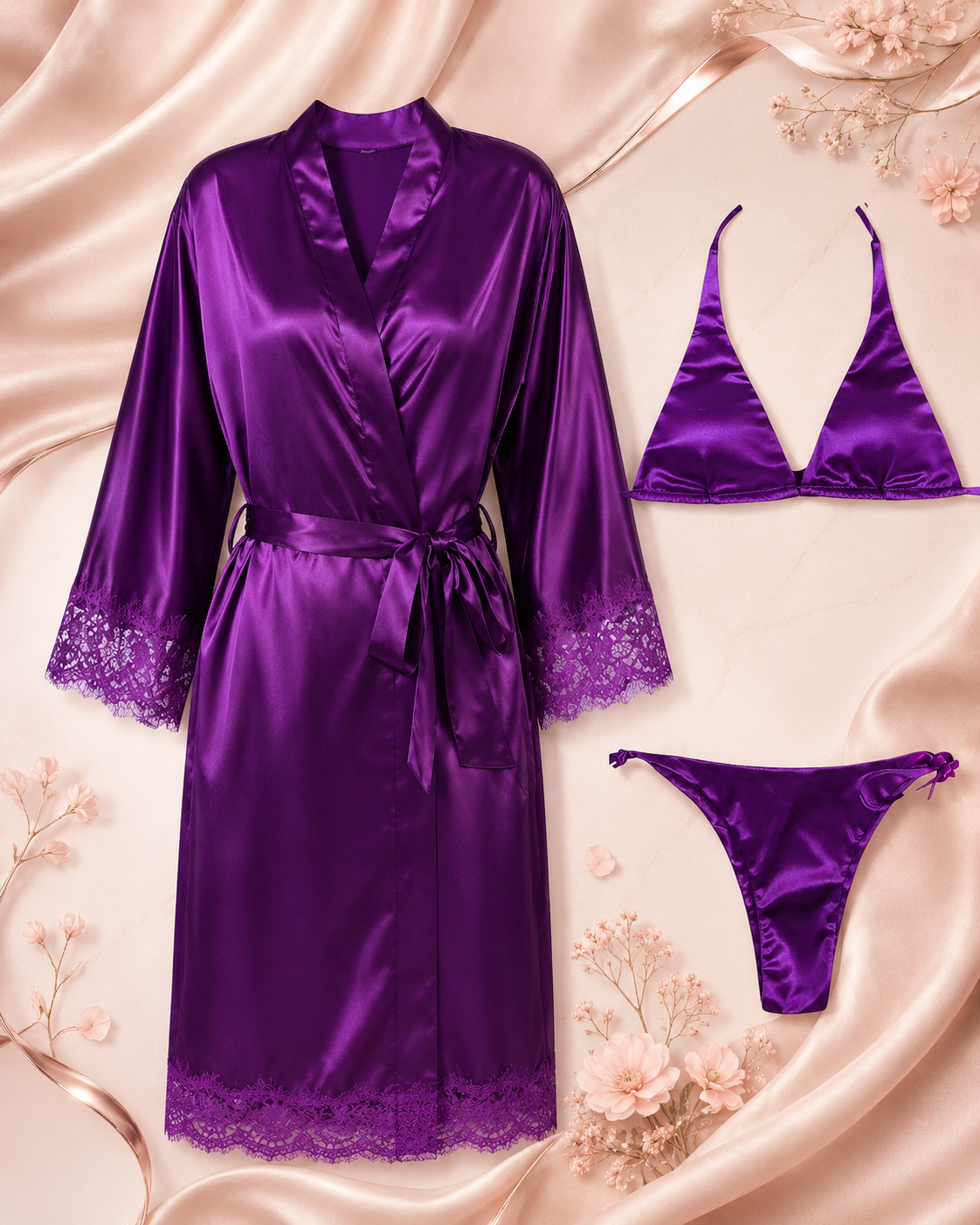 Elegant Lace Satin Robe & Bikini Set